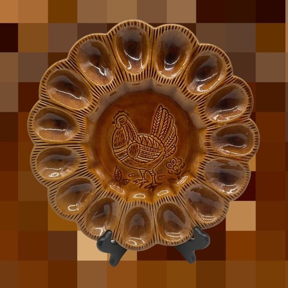 California Pottery Golen Brown Deviled Egg Plate, Made in USA - Picture 3 of 16